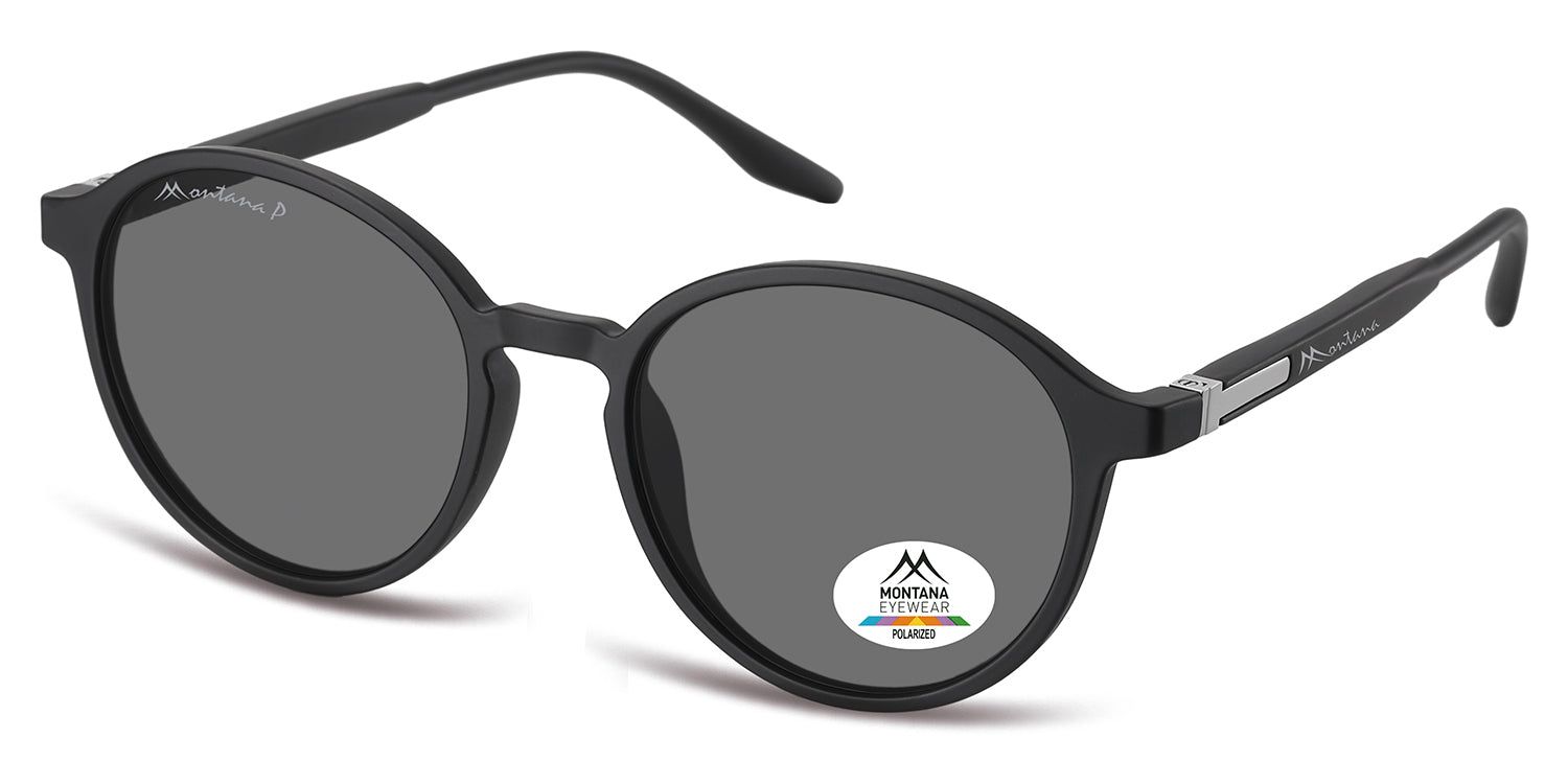 Occhiali da sole neri con lenti rotonde. Logo Montana Eyewear sull'asta. Lenti polarizzate. Adesivo con logo sulla lente destra.