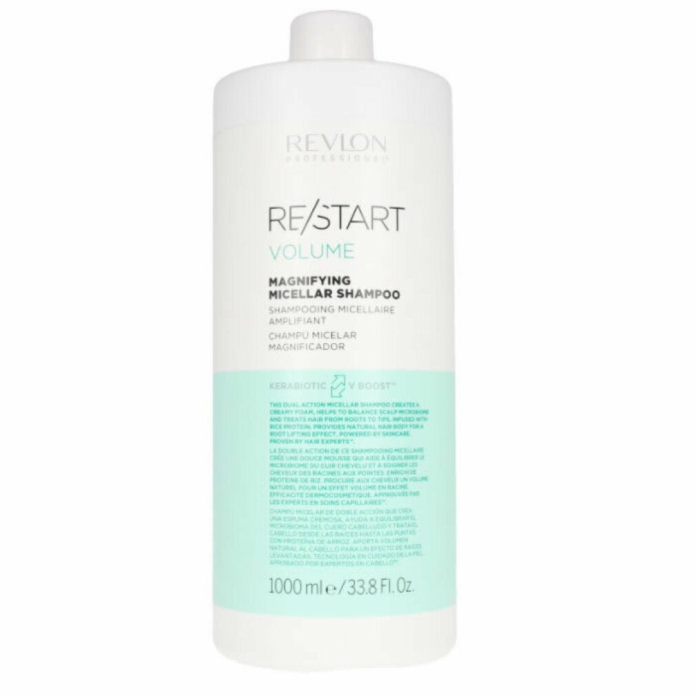 Flacone bianco di shampoo. Scritta: Revlon Re-Start Volume Magnifying Micellar Shampoo. 1000 ml.