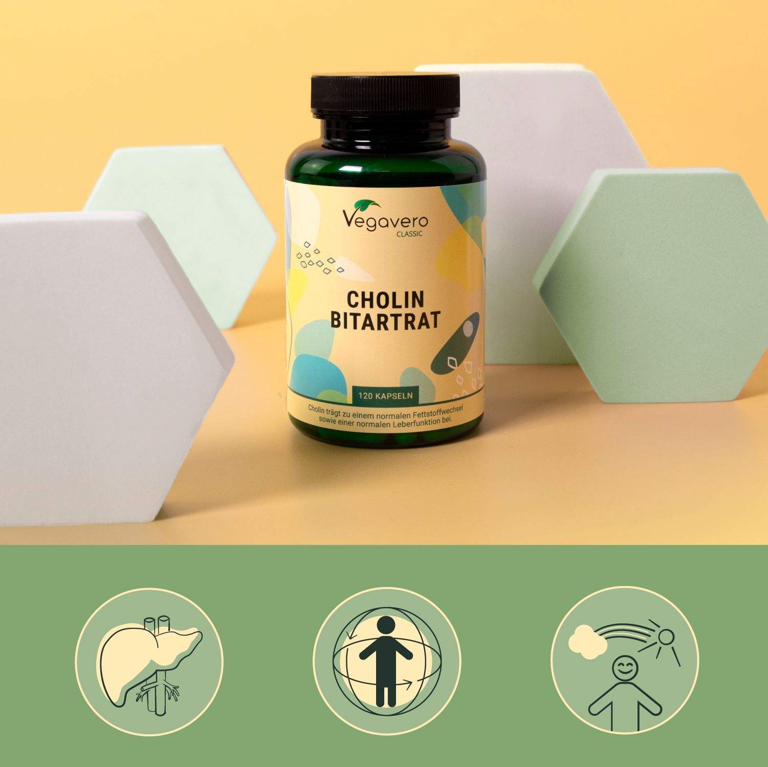 Flacone verde, tappo nero. Scritta: Cholin Bitartrat. 120 capsule. Marchio: Vegavaro Classic. Su sfondo giallo.