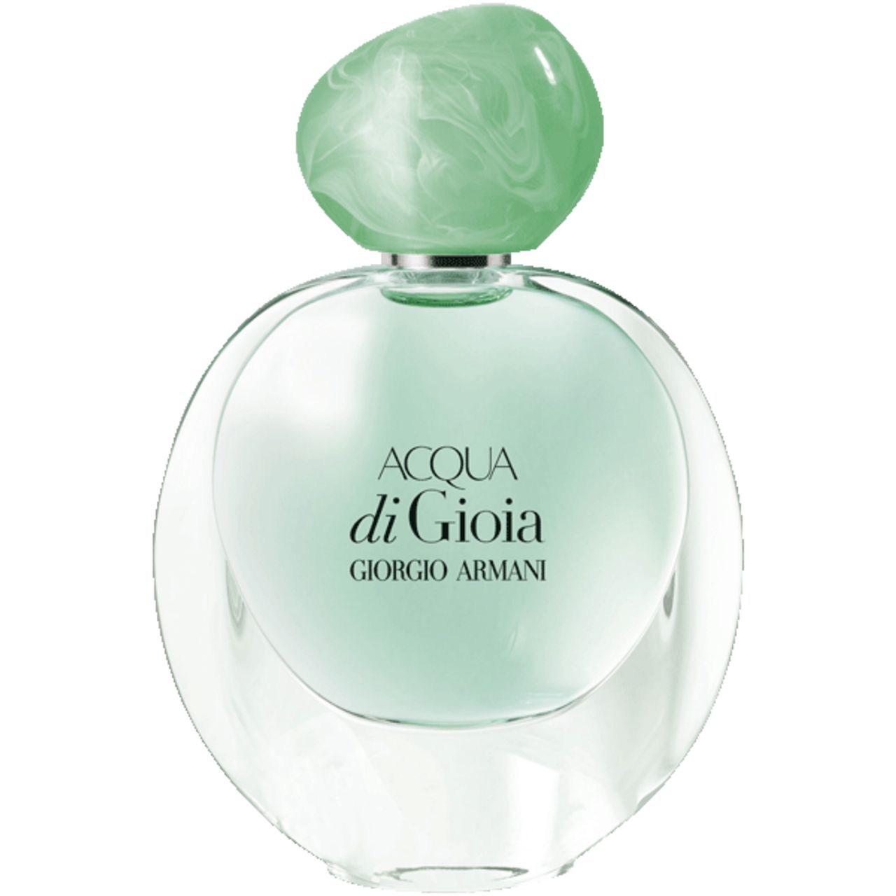 Flacone rotondo in vetro con tappo verde. Scritta: Acqua di Gioia, Giorgio Armani.