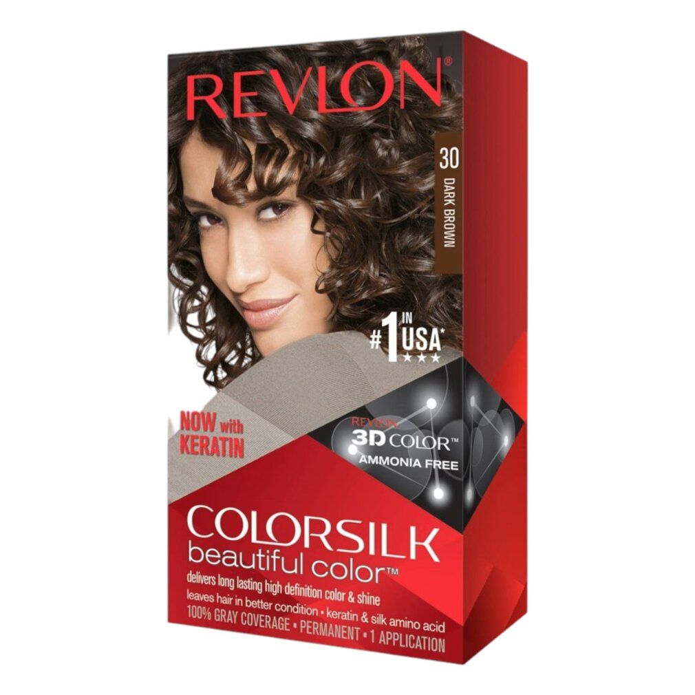 Scatola tinta capelli Revlon Colorsilk. Castano scuro. Senza ammoniaca. Tecnologia 3D Color. Con cheratina. Scritto: Beautiful Color. Copertura 100% grigi.