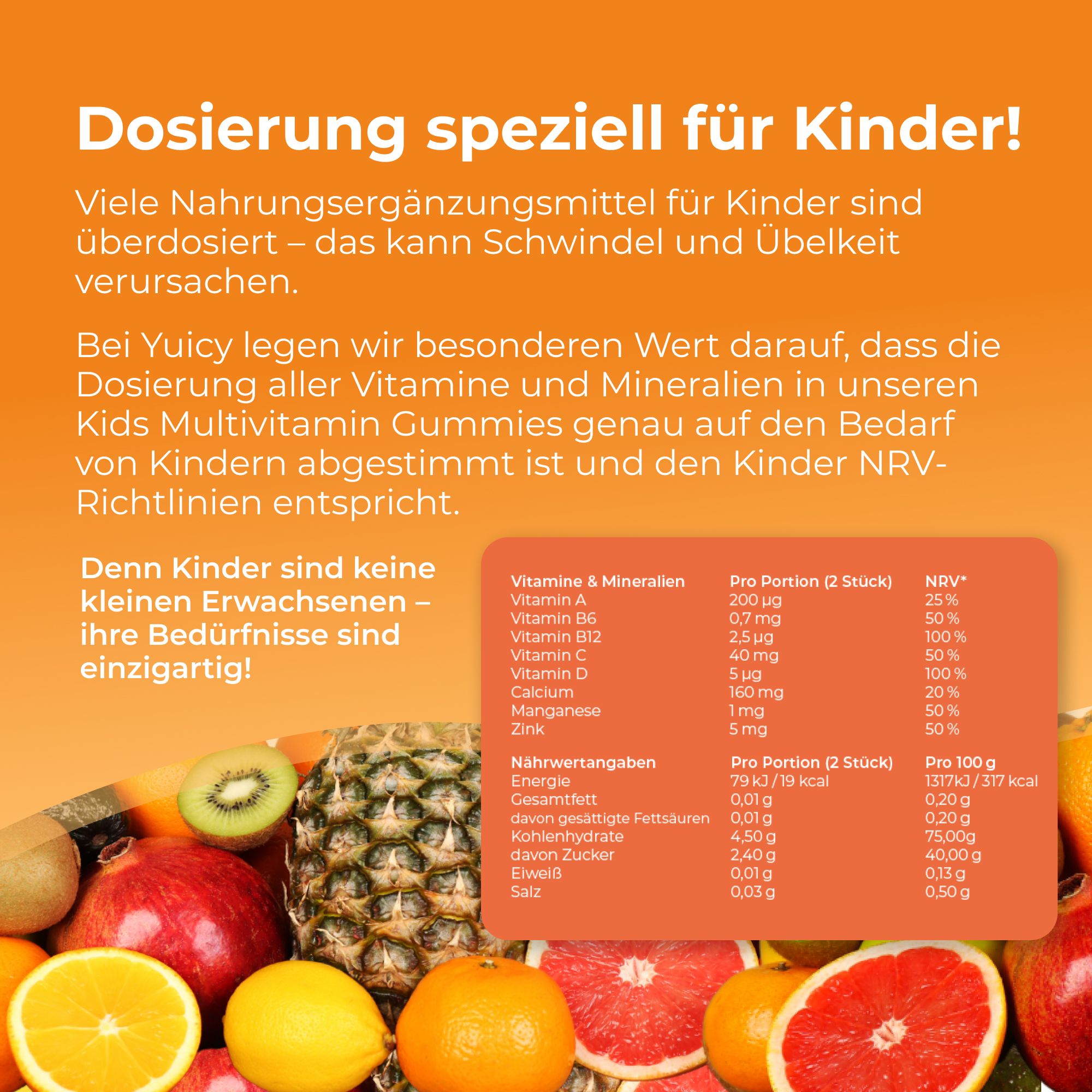 Testo: Dosaggio speciale per bambini! Tabella con vitamine e minerali. Testo: Perché i bambini non sono piccoli adulti - i loro bisogni sono unici!