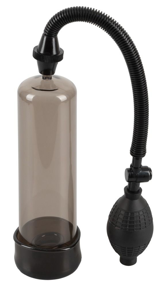 Pompa con cilindro, tubo e bulbo. Base e bulbo neri. Cilindro trasparente.