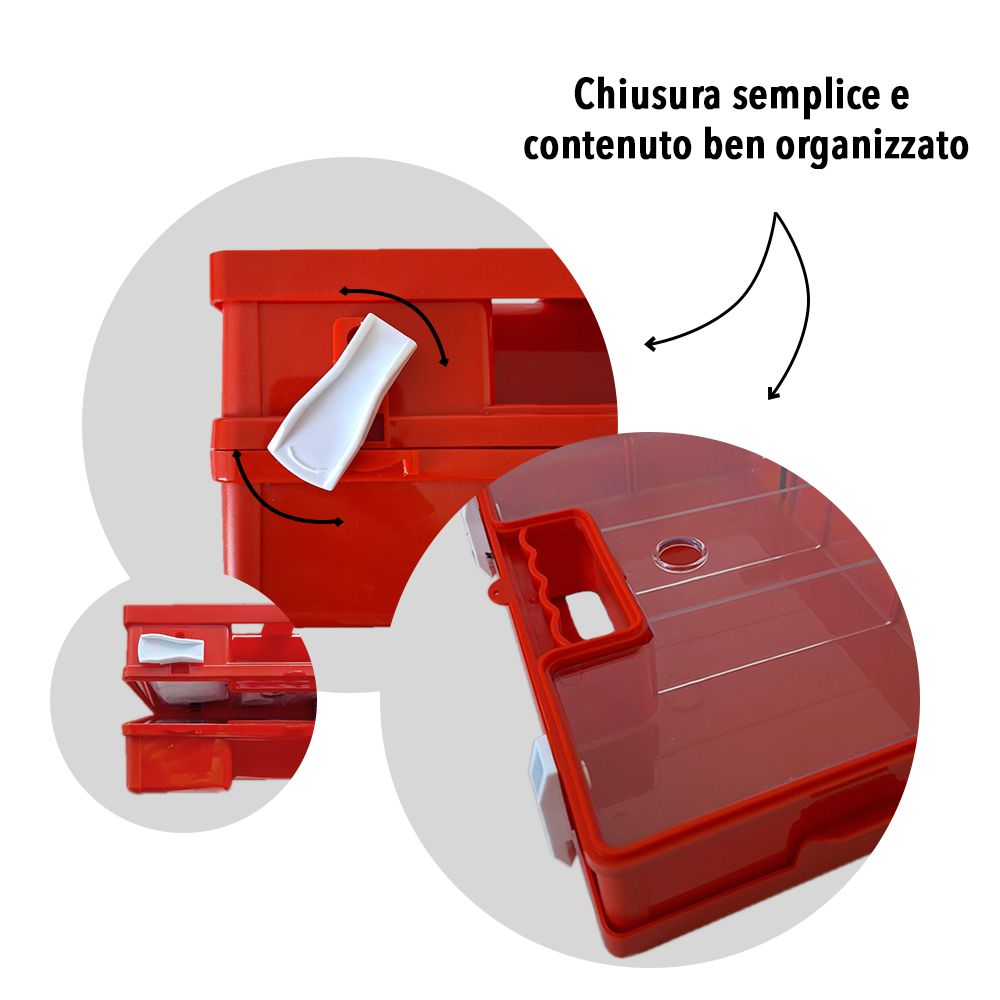 Viste dettagliate della cassetta di pronto soccorso rossa: chiusura, maniglia e interno.
