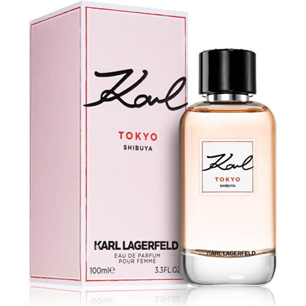 Flacone e confezione Karl Lagerfeld Tokyo Shibuya. Tappo nero, etichetta bianca con testo. 100ml.