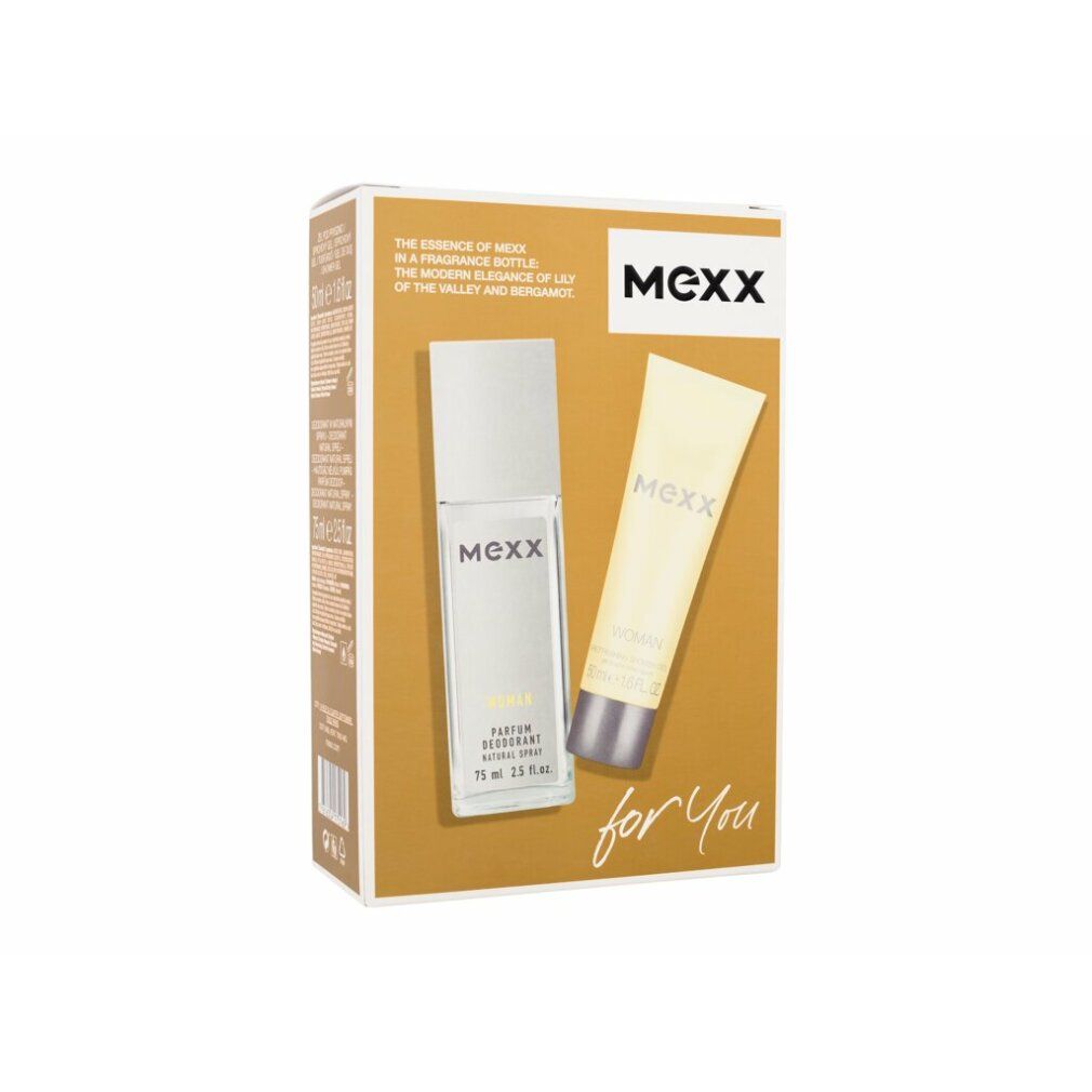 Set regalo Mexx. Scatola rettangolare con logo Mexx. Include flacone spray e tubo.