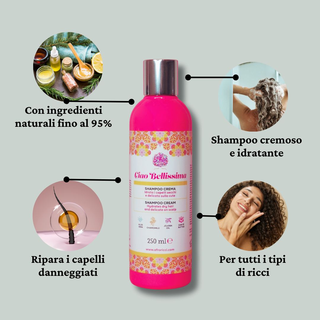 Flacone rosa con tappo argentato. Scritta: Ciao Bellissima, Shampoo Crema. 250 ml. Illustrazioni e testo su ingredienti e utilizzo.