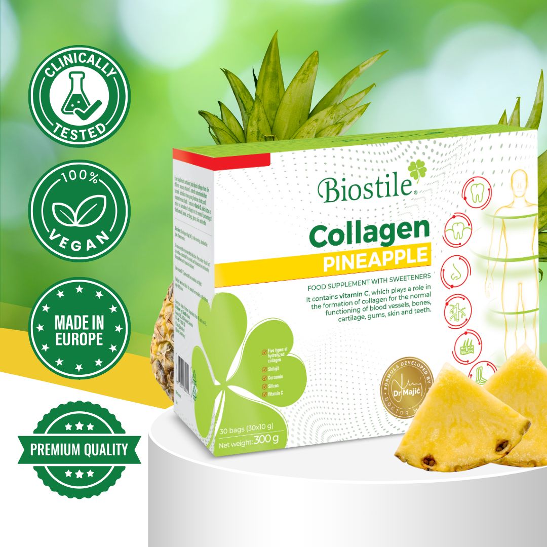 Confezione Biostile Collagen Pineapple. Vegano, Made in Europe, Qualità premium. Pezzi di ananas.