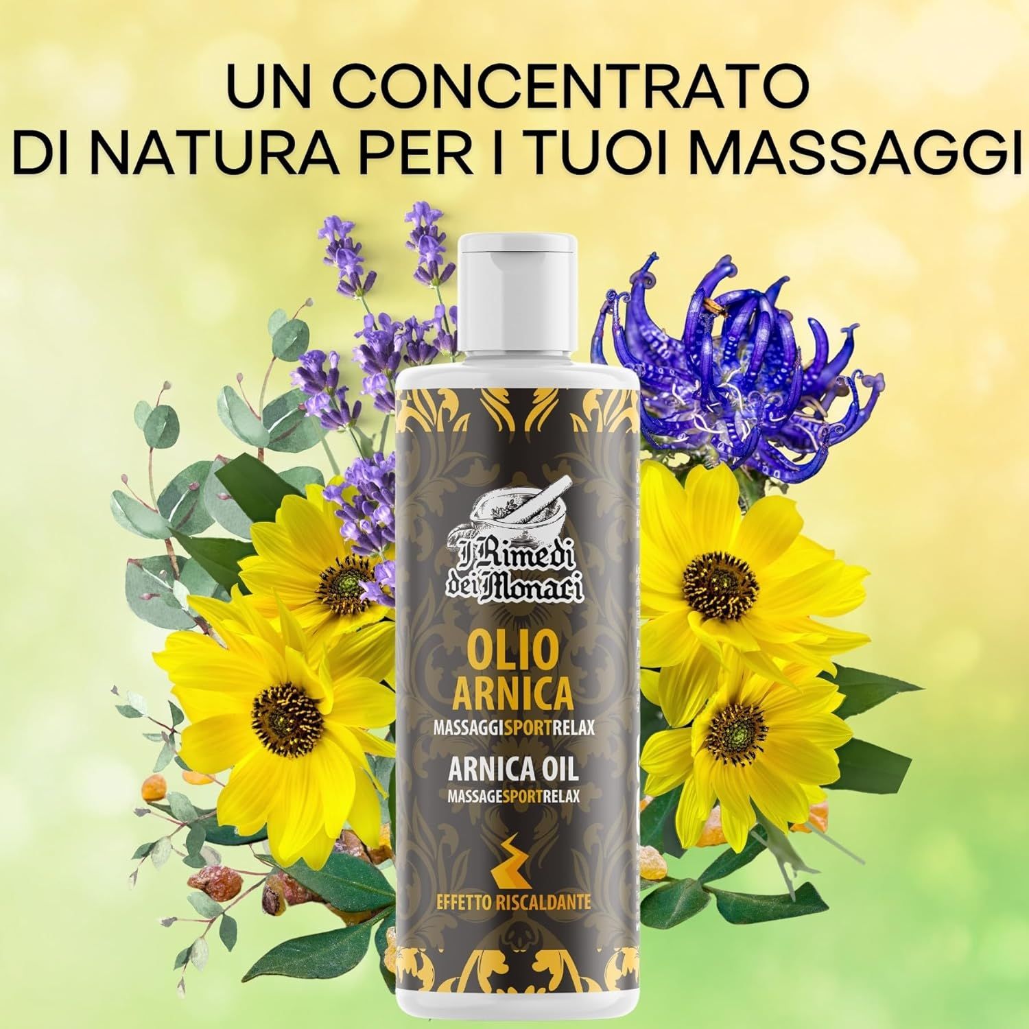 Flacone con etichetta: IRimediDeiMonaci Arnikaöl. Circondato da fiori e foglie. Testo: Un concentrato di natura per i tuoi massaggi.