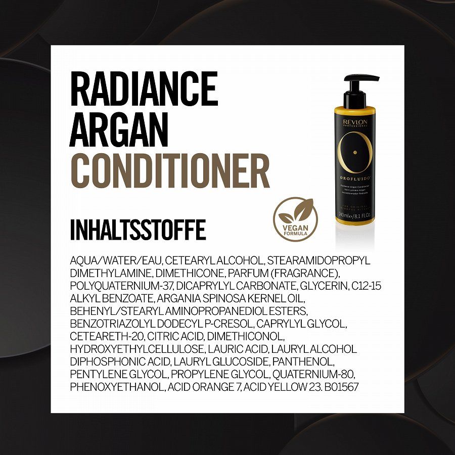 Informazioni sul prodotto e ingredienti. Scritta: Radiance Argan Conditioner, Vegan.