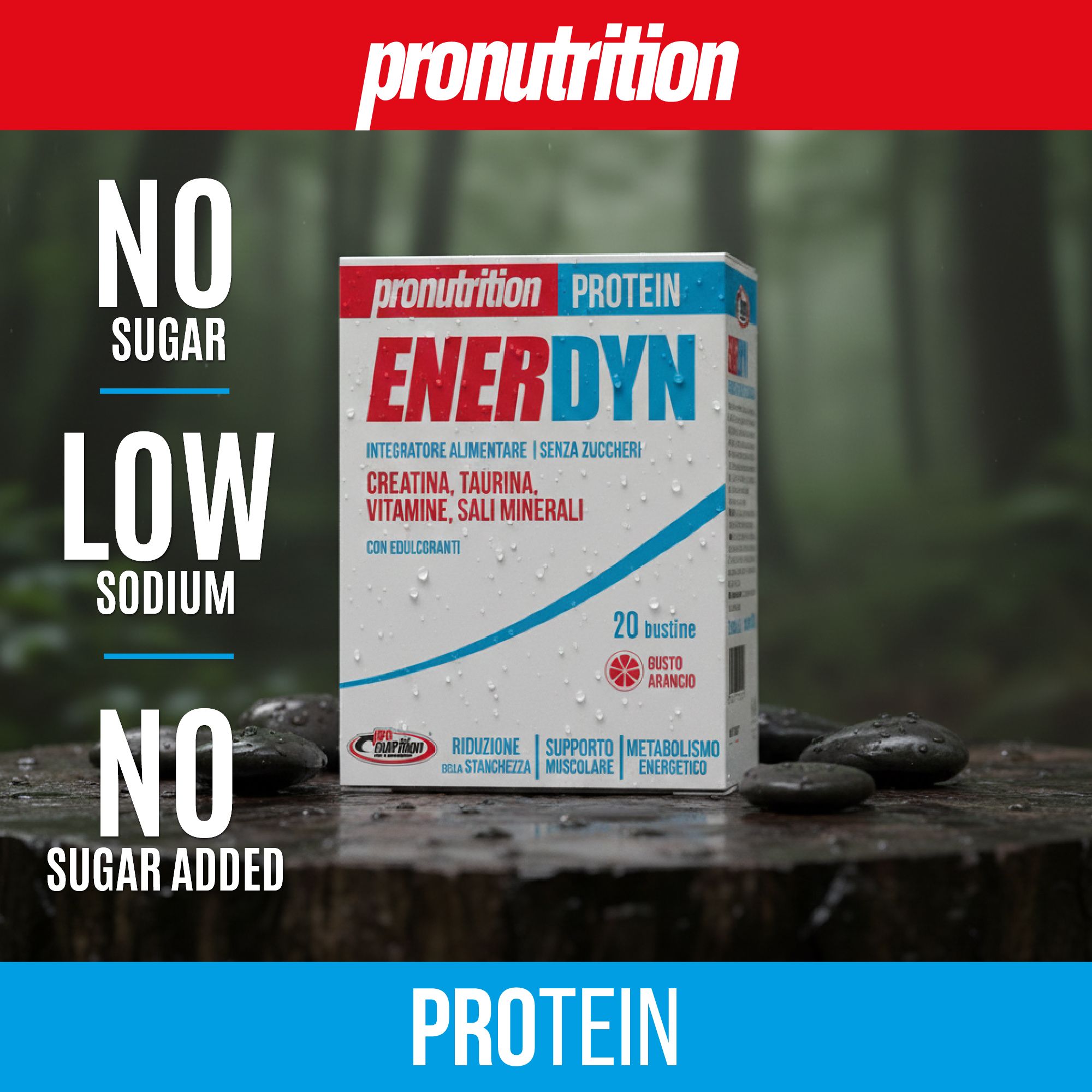 Scatola di proteine Enerdyn su legno. Testo: NO Sugar, LOW Sodium, NO Sugar Added. Pietre sullo sfondo.