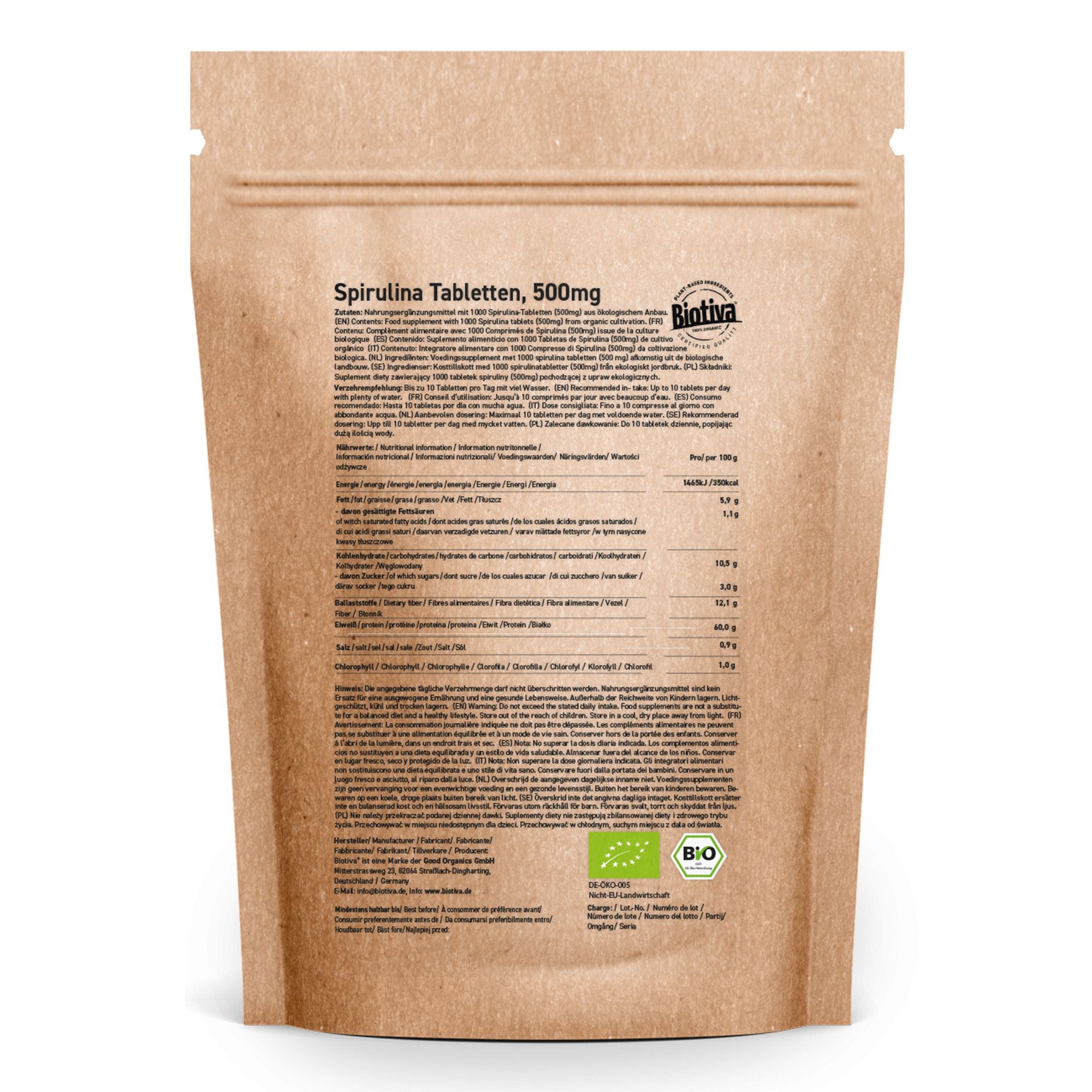 Retro della busta Biotiva Spirulina Compresse Bio con informazioni nutrizionali e sigillo Bio.