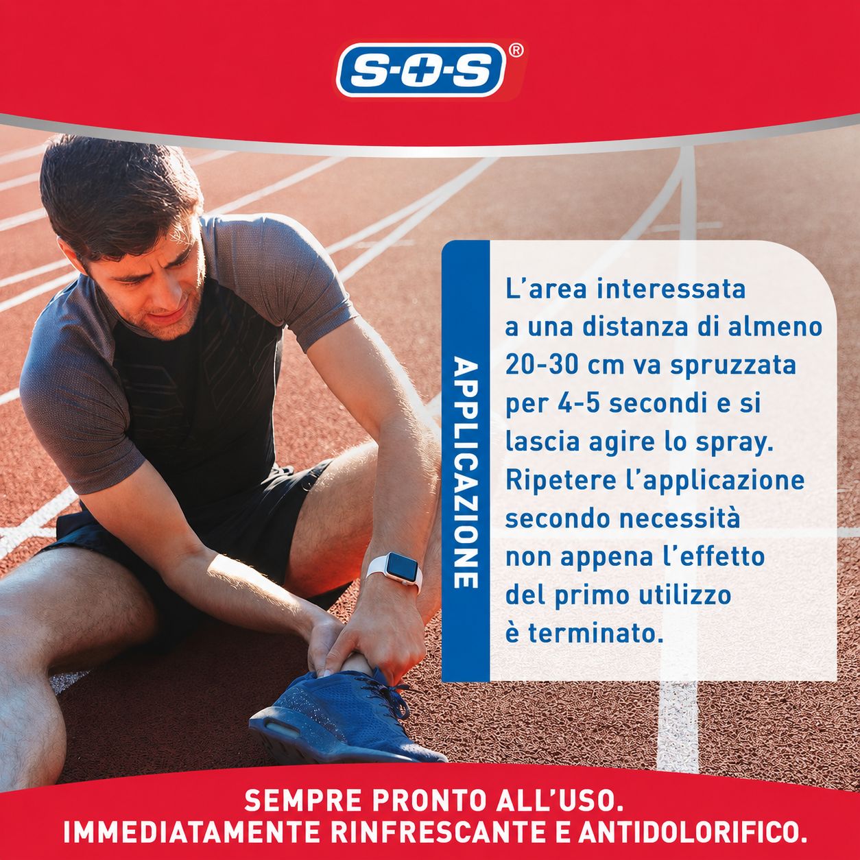 Uomo seduto su una pista, che tiene la caviglia. Testo: Applicazione. Spruzzare l'area interessata da 20-30 cm. Ripetere l'applicazione quando l'effetto svanisce.