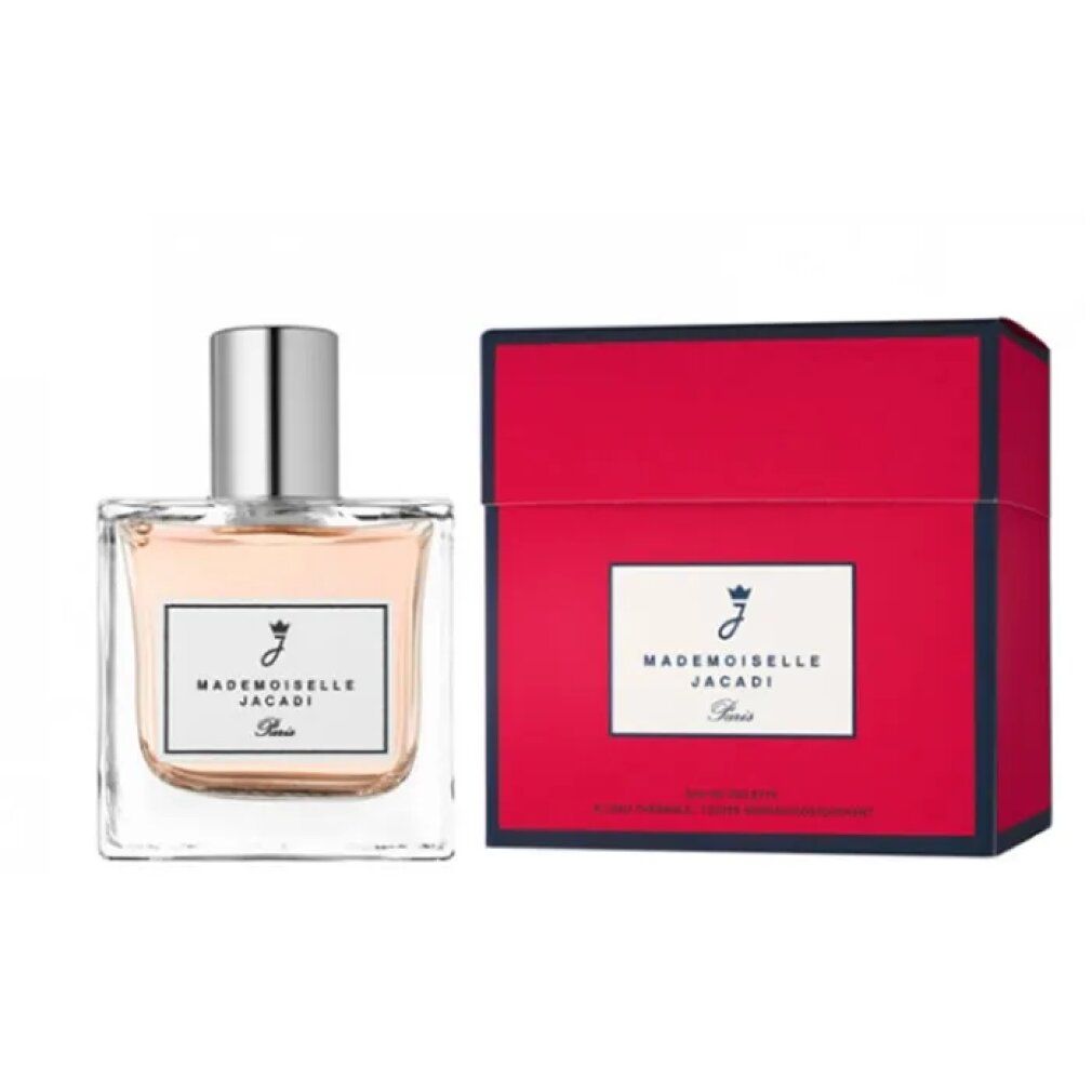 Jacadi Mademoiselle Eau de Toilette Spray. Flacone in vetro, tappo argentato. Scatola rossa, etichetta bianca.