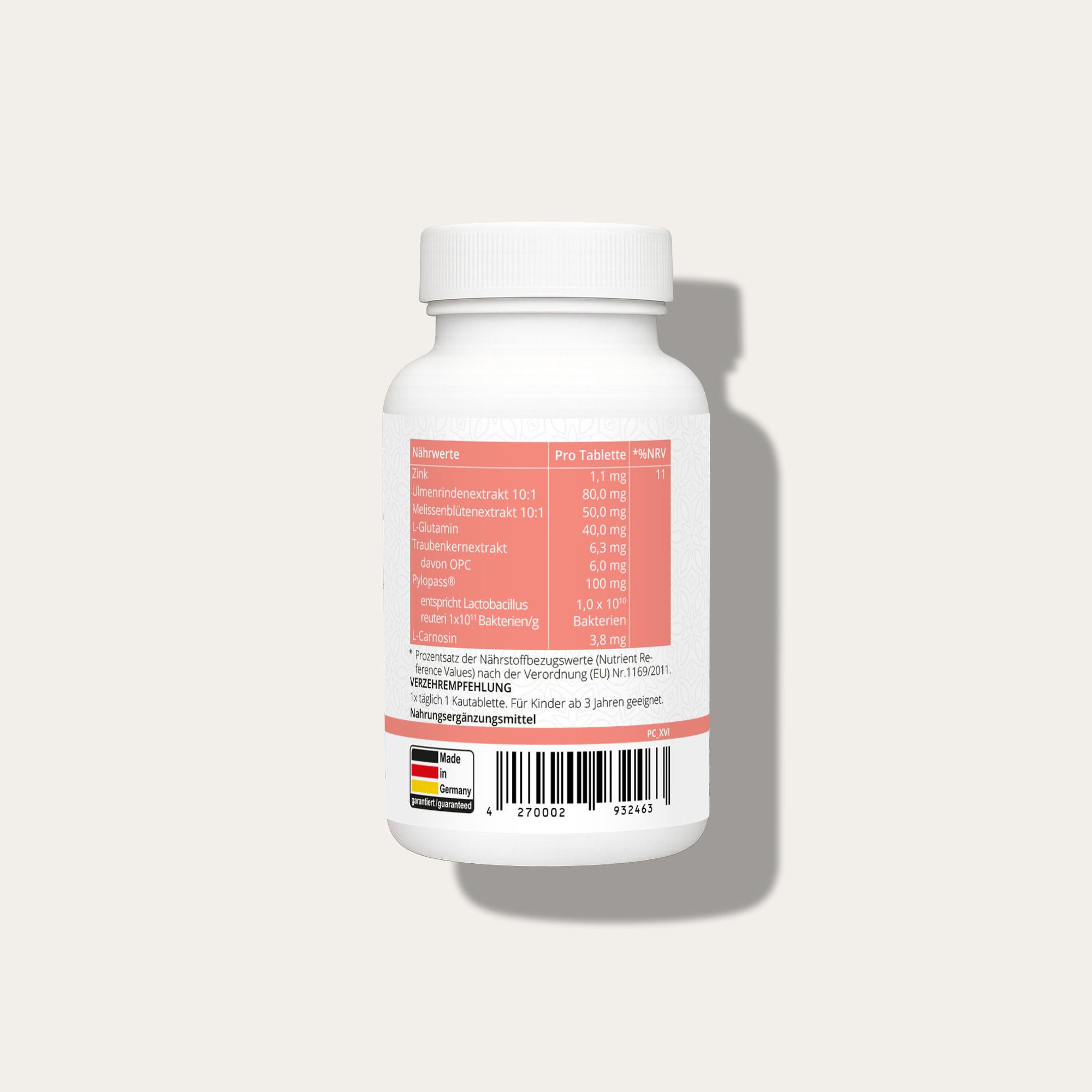 Flacone bianco con etichetta rosa. Contiene informazioni nutrizionali e codice a barre. Prodotto in Germania.