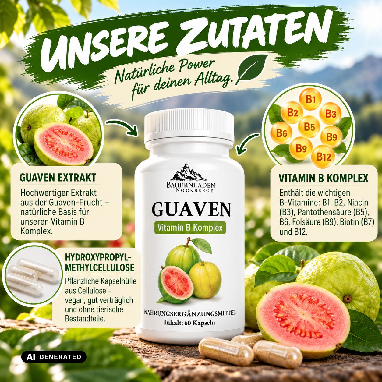 Flacone Guaven Vitamina B complesso con frutti di guava e panoramica delle vitamine B.