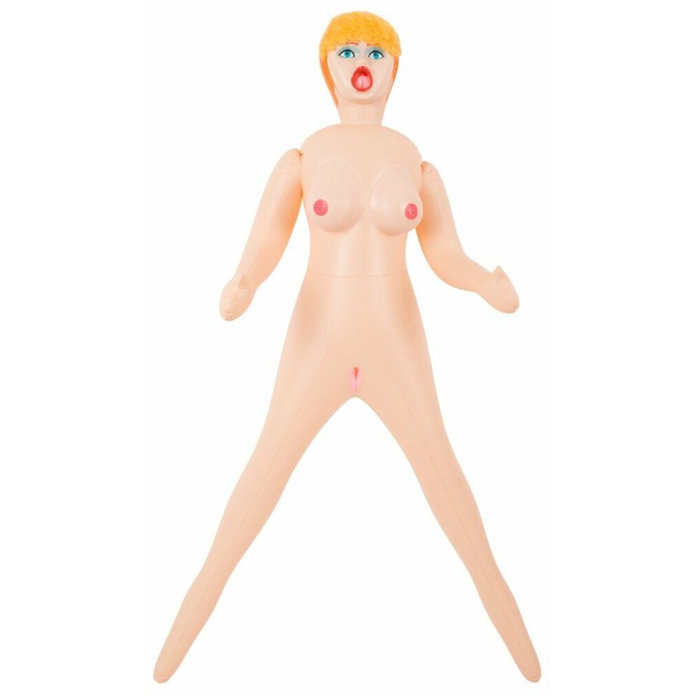 Bambola gonfiabile, nuda, con capelli biondi e bocca aperta. Capezzoli visibili. Gambe divaricate.