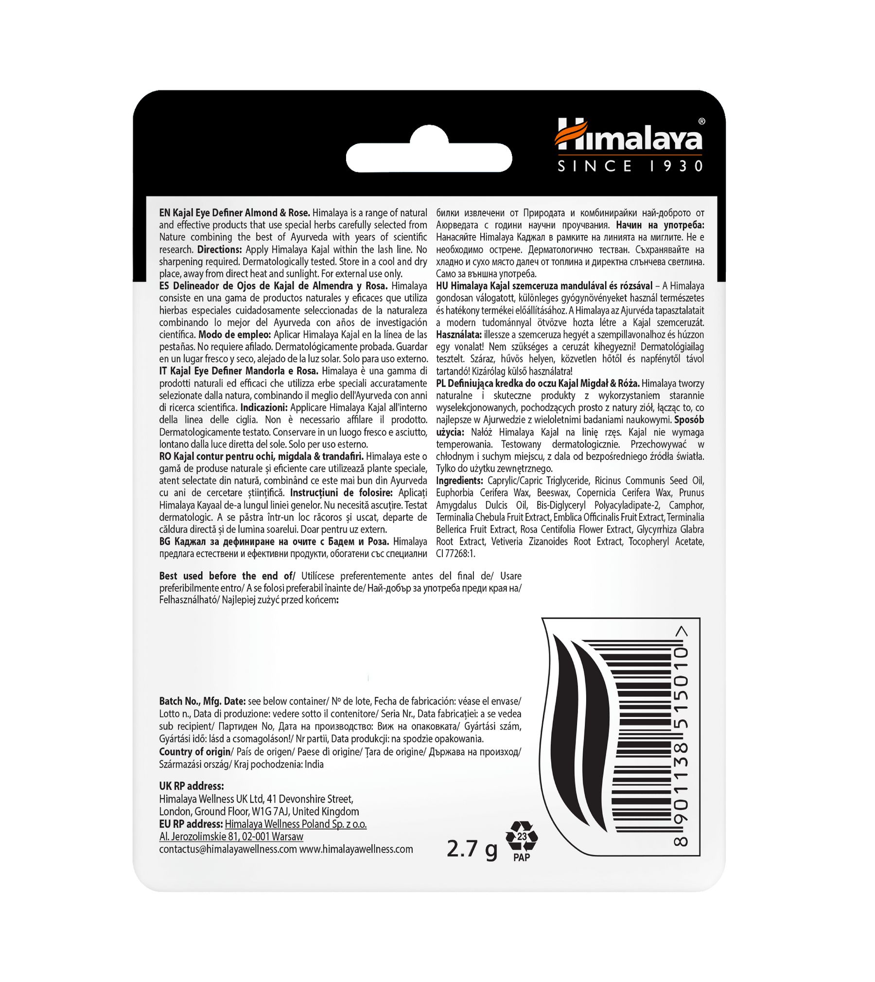 Himalaya Kajal Eye Definer Mandorla & Rosa in confezione nera con informazioni sul prodotto e codice a barre.