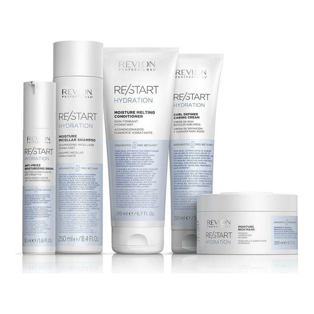 Cinque contenitori bianchi per prodotti. Scritta: RE/START Hydration. Diverse forme e dimensioni.
