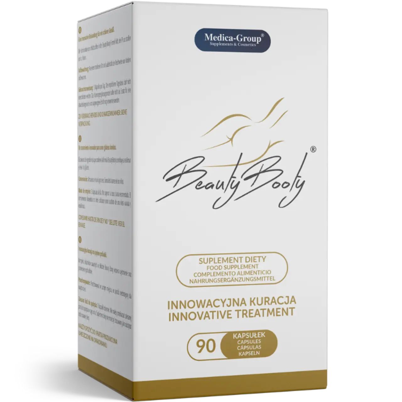 Scatola bianca BeautyBooty. Logo Medica-Group. 90 capsule. Trattamento innovativo. Integratore alimentare.