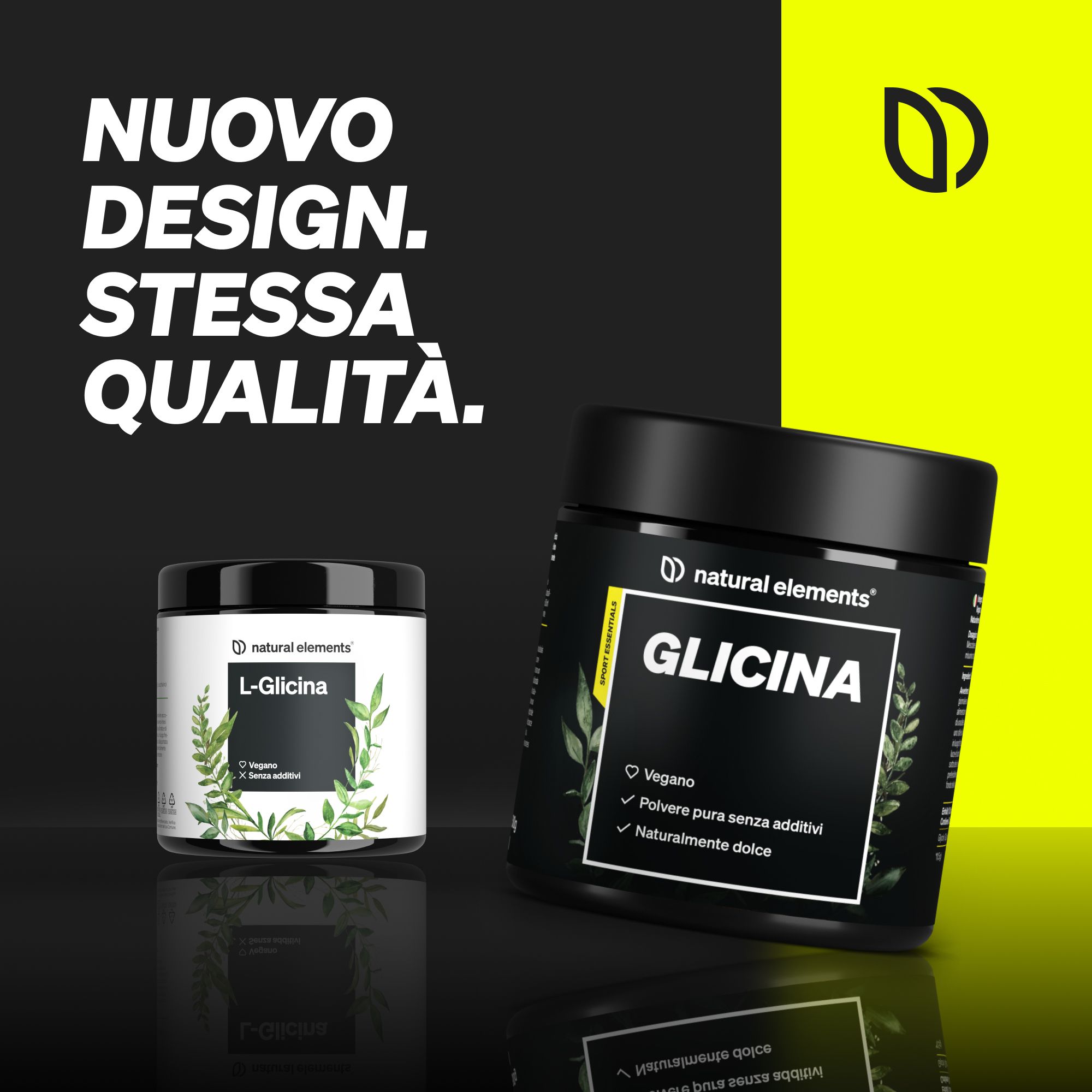 Barattoli di polvere L-Glicina e Glicina Natural Elements.
