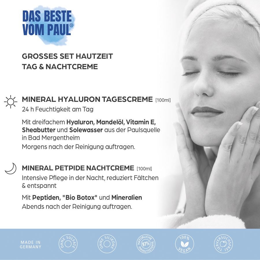 Donna con asciugamano. Testo: Grande set di creme giorno e notte. Crema giorno e notte. Certificazioni.