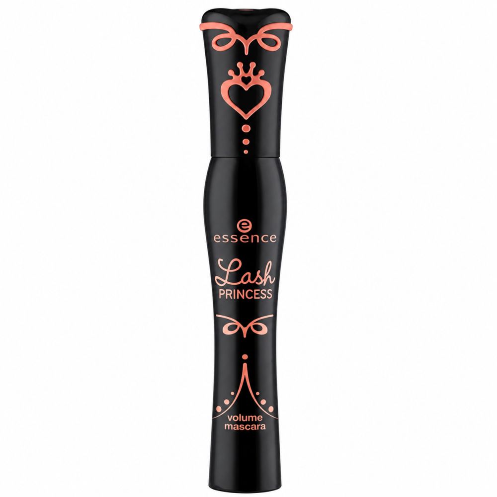Confezione di mascara nera con decorazioni rosa a forma di cuore e corona. Riporta 'essence Lash Princess Volume Mascara'.