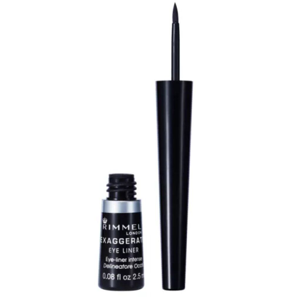 Eyeliner liquido nero aperto. Flacone e applicatore visibili. Marchio Rimmel Exaggerate.