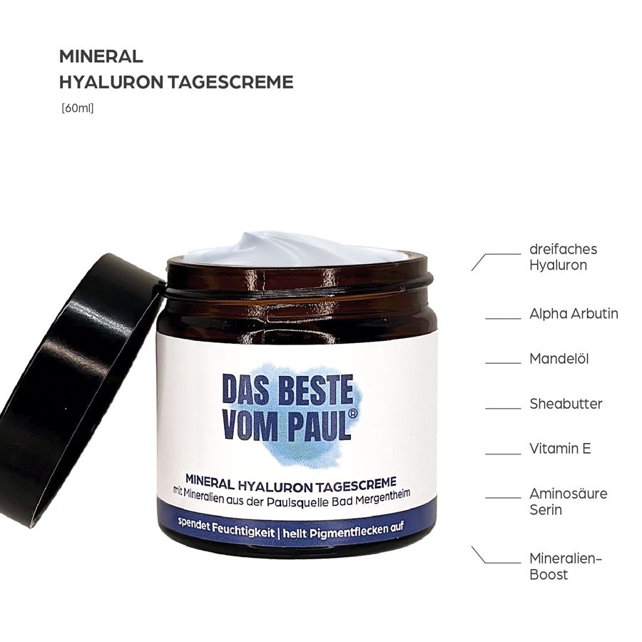 Crema giorno in vetro marrone con coperchio nero. Scritta: DAS BESTE VOM PAUL®. Testo: Crema giorno Mineral Hyaluron.