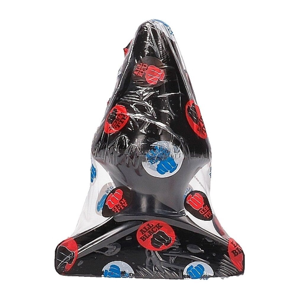 Plug anale nero, confezionato in pellicola con stampe. La confezione mostra loghi rossi, blu e neri. Prodotto centrato.