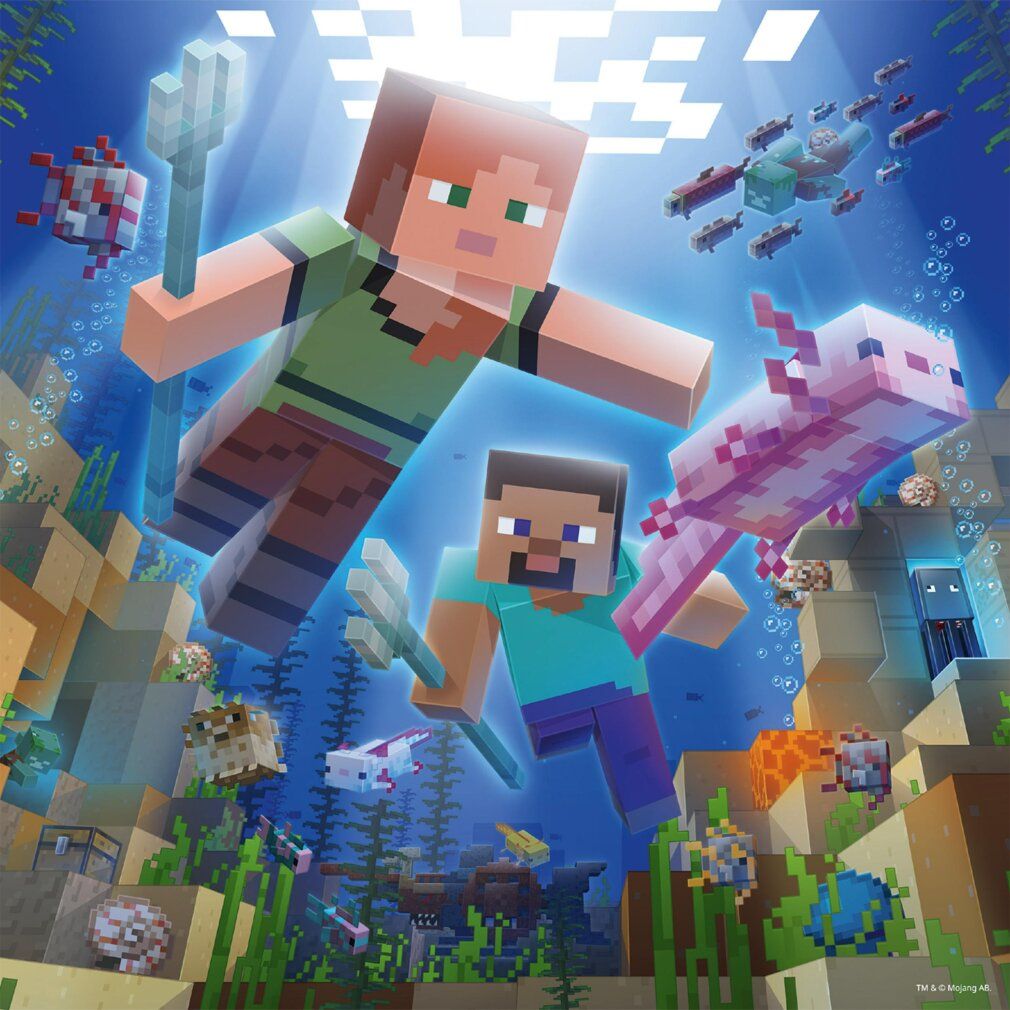 Scena Minecraft subacquea. Personaggi: Steve e Alex con tridenti. Axolotl e pesci.