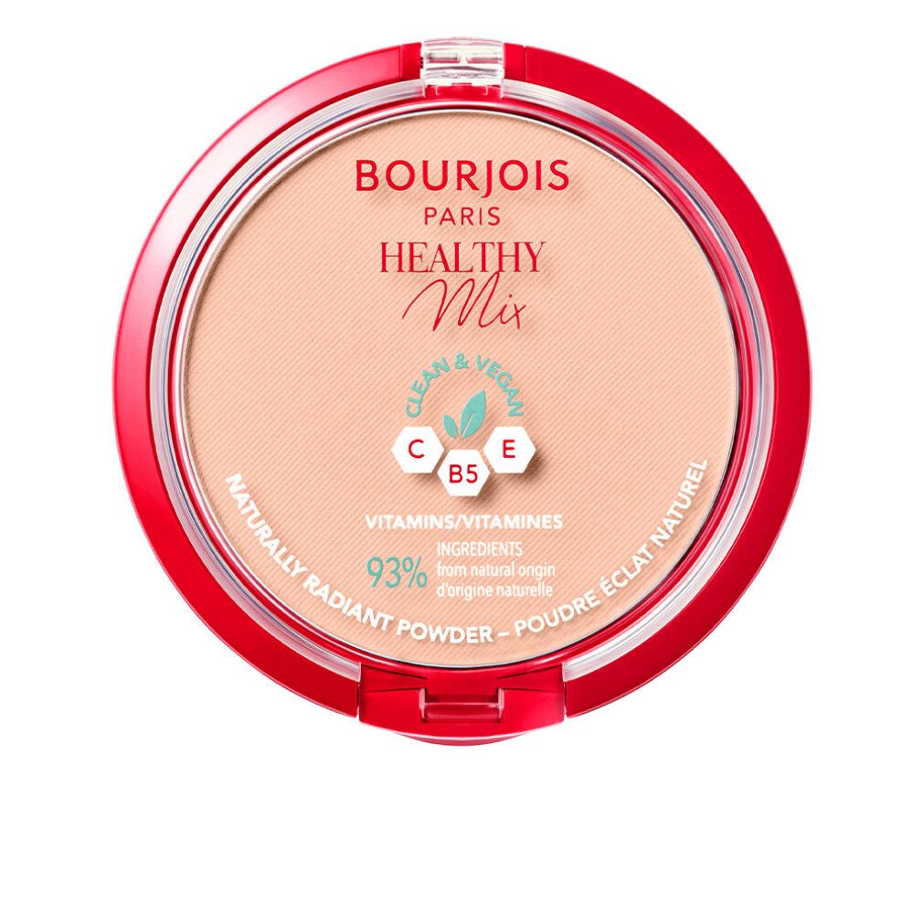 Contenitore rotondo rosso. Polvere beige. Scritta: Bourjois Healthy Mix, Clean & Vegan, 93% ingredienti naturali.
