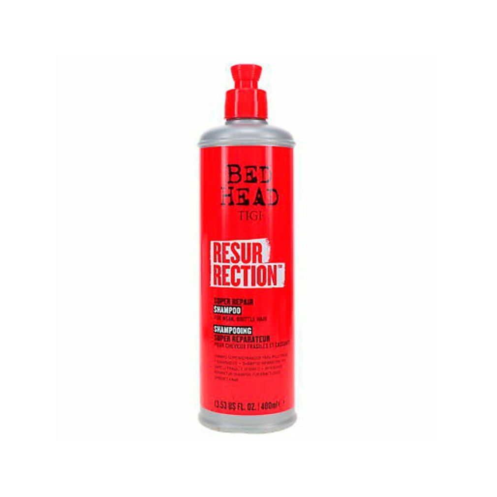 Flacone di shampoo rosso con tappo argentato. Scritta: Bed Head Tigi Resurrection Super Repair Shampoo. 400ml.