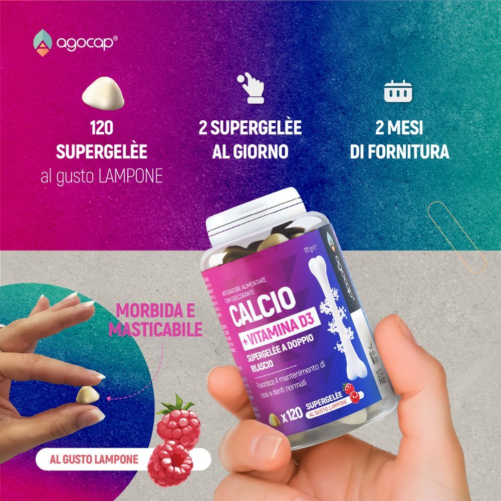 Integratore a base di Calcio + Vitamina D3 - Supporto Ossa e Articolazioni - 120 supergelèe - Agocap