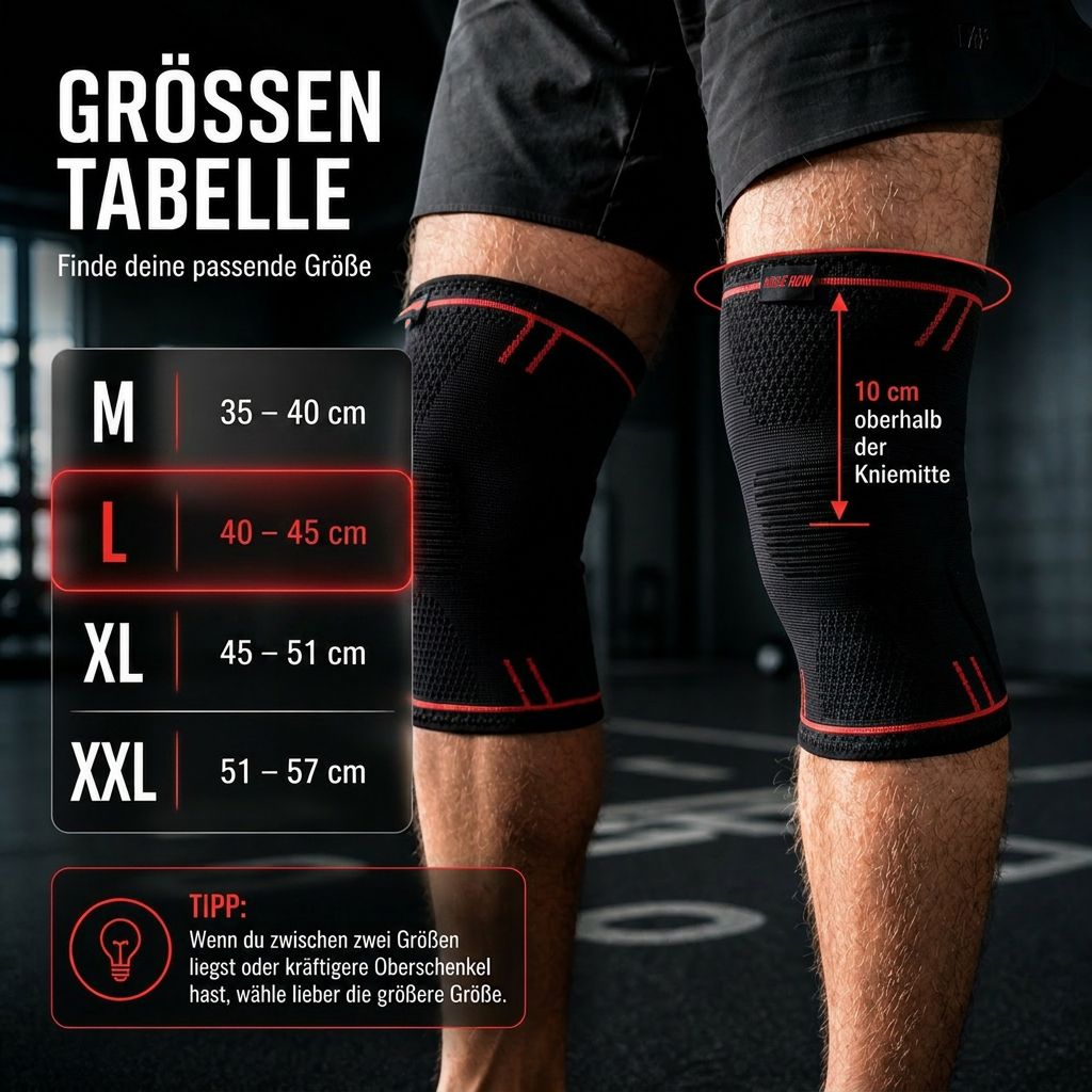 Tabella taglie per ginocchiere. Taglie M, L, XL, XXL. Istruzioni di misurazione.