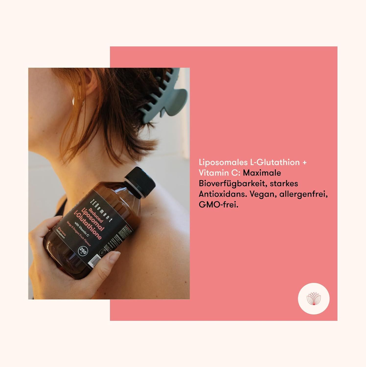 Persona tiene una bottiglia marrone. Scritta: L-Glutatione liposomiale con Vitamina C. Vegano, senza allergeni, senza OGM. Sfondo rosa.
