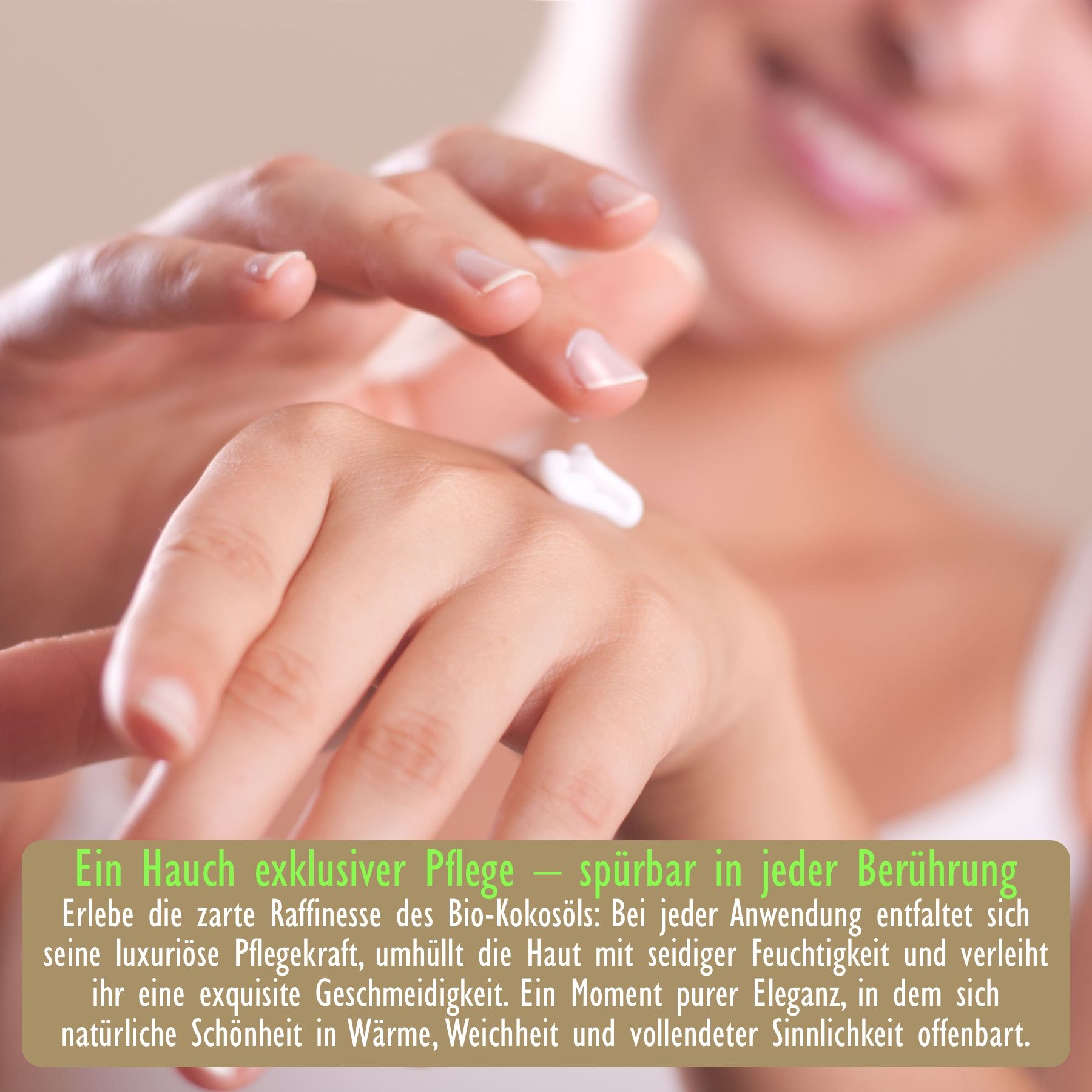 Mani di una donna che applica la crema. Testo: Un tocco di cura esclusiva.