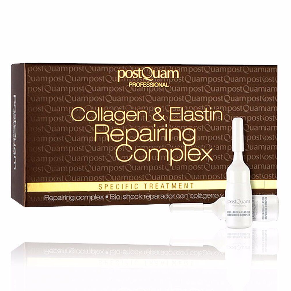 Scatola marrone e fiale. Scritta: Collagen & Elastin Repairing Complex. Trattamento specifico.