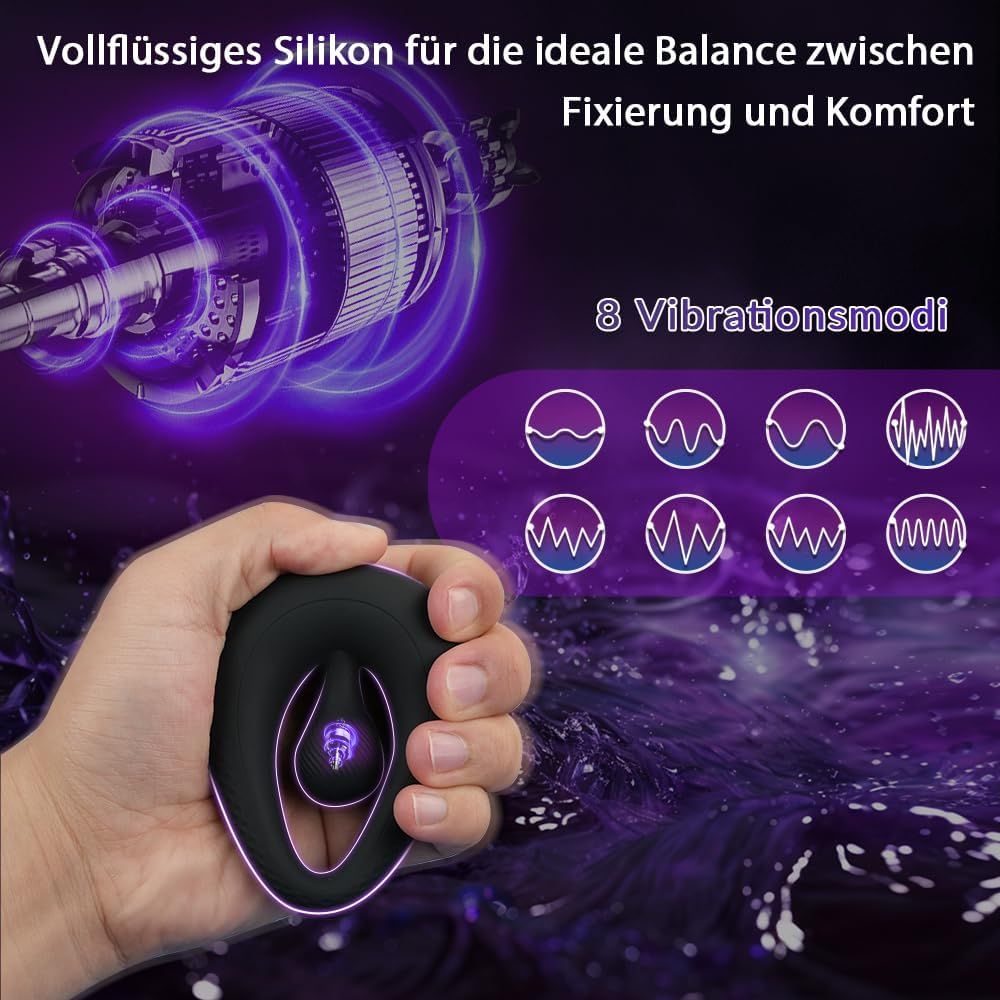 Anello fallico nero con perle, tenuto in mano. 8 modalità di vibrazione. Sfondo viola con onde. Testo: 8 modalità di vibrazione.