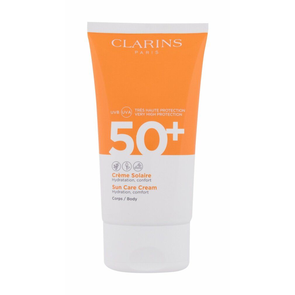 Tubo Clarins Crème Solaire Corps UVA/UVB 50+. Arancione e bianco. Testo: 50+, Crème Solaire, Sun Care Cream. Per il corpo.
