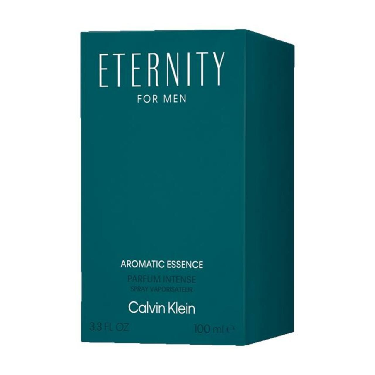 Confezione turchese. Scritta: Eternity for Men, Aromatic Essence, Calvin Klein. 100 ml.