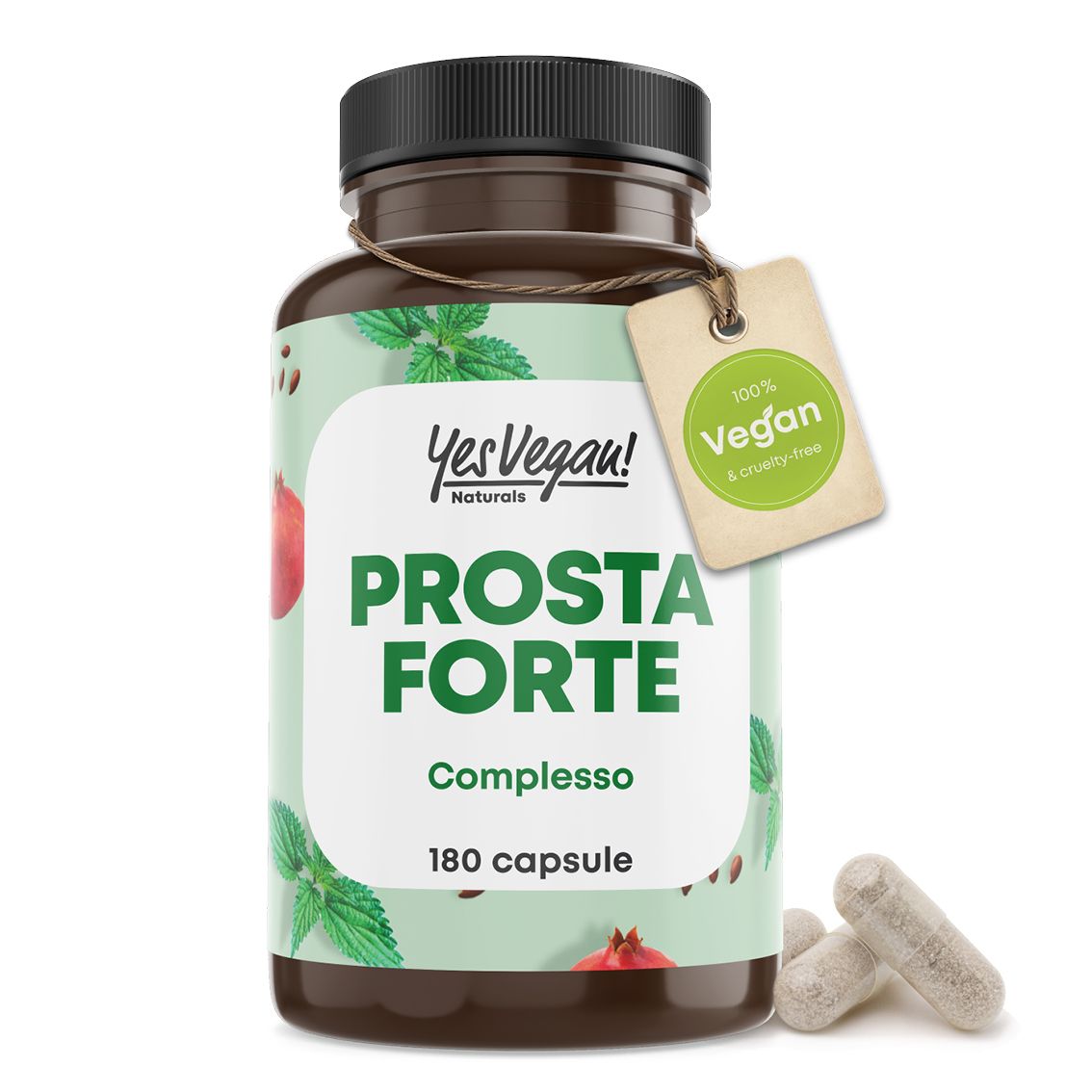 Barattolo Prosta Forte Komplex da 180 capsule con sigillo vegano e due capsule.
