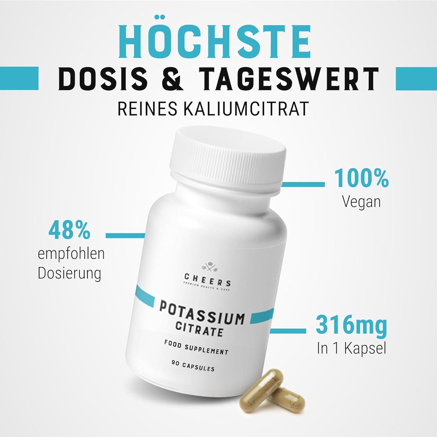 Flacone bianco CHEERS Potassium Citrate. 316mg per capsula, 100% vegano. 48% dose raccomandata.