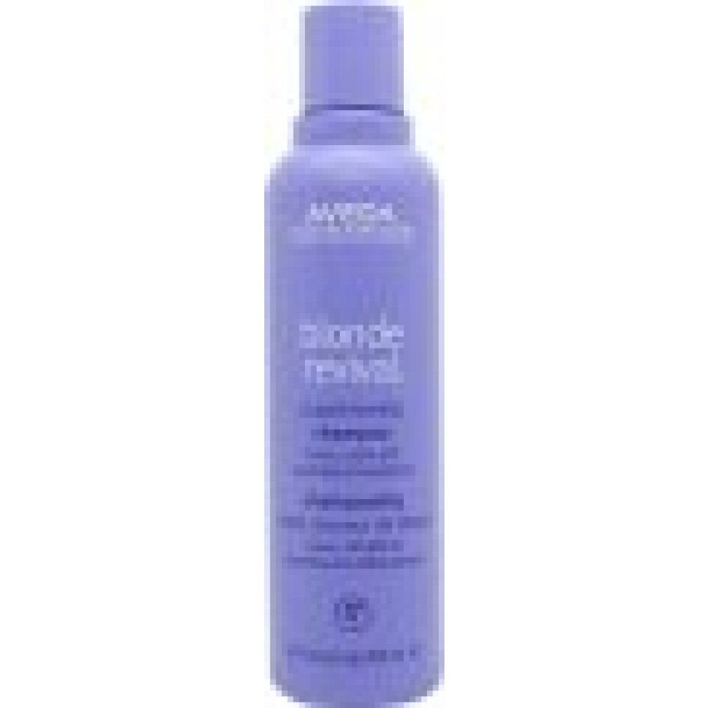 Flacone di shampoo Aveda Blonde Revival Purple. Flacone viola con testo bianco. Nome del prodotto e marchio visibili.