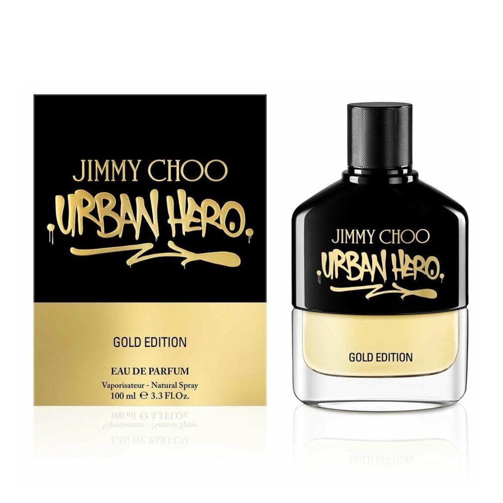 Flacone e confezione neri con testo dorato. Scritta: Jimmy Choo Urban Hero Gold Edition.