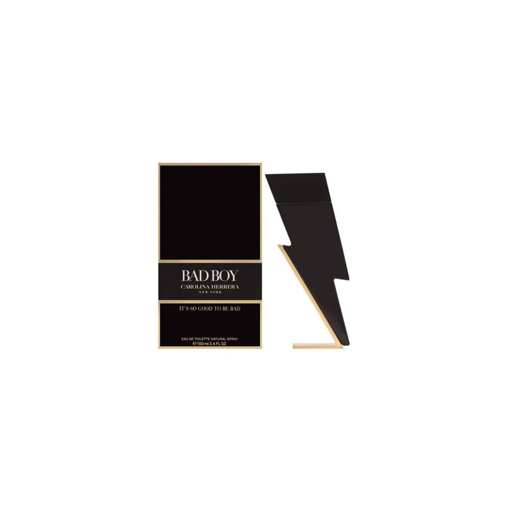 Confezione nera e flacone a forma di fulmine. Scritta: Bad Boy, Carolina Herrera. Dettagli dorati.
