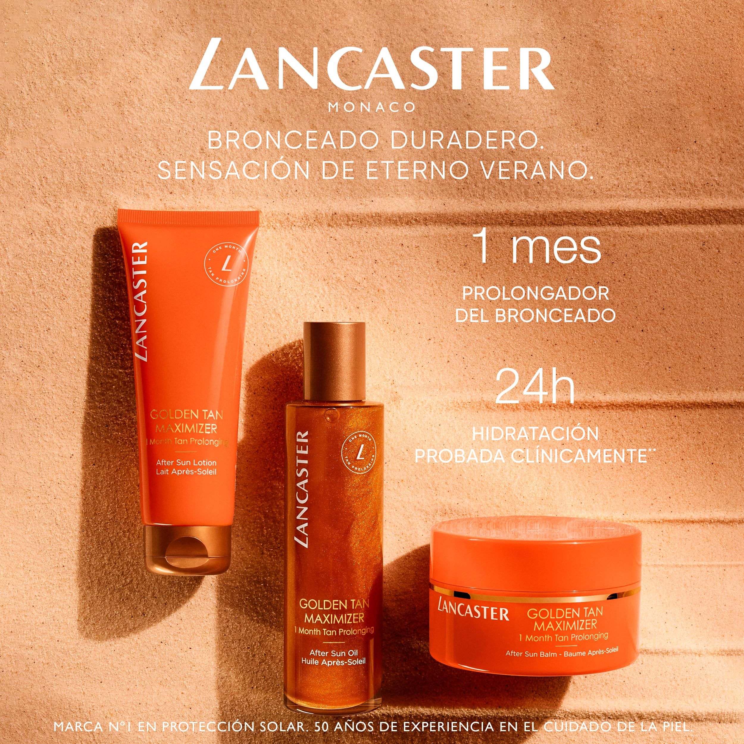 Tre prodotti su sfondo sabbia. Scritta: Lancaster. Golden Tan Maximizer. 1 mes. 24h.