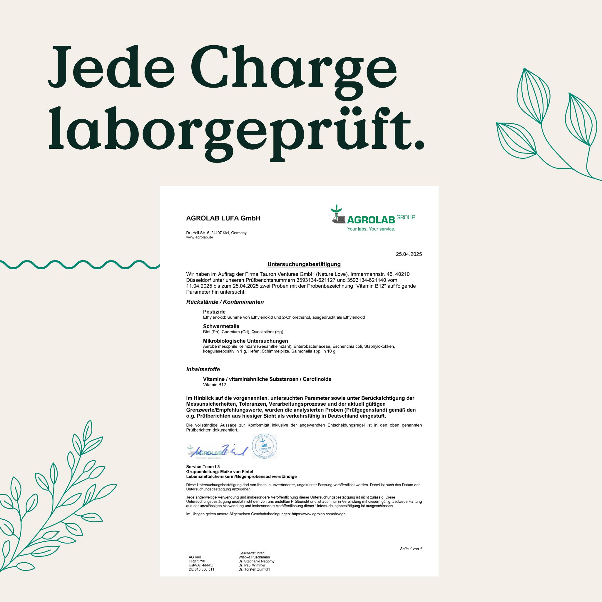 Ogni lotto testato in laboratorio. Certificato di laboratorio AGROLAB per vitamine / sostanze vitaminiche.