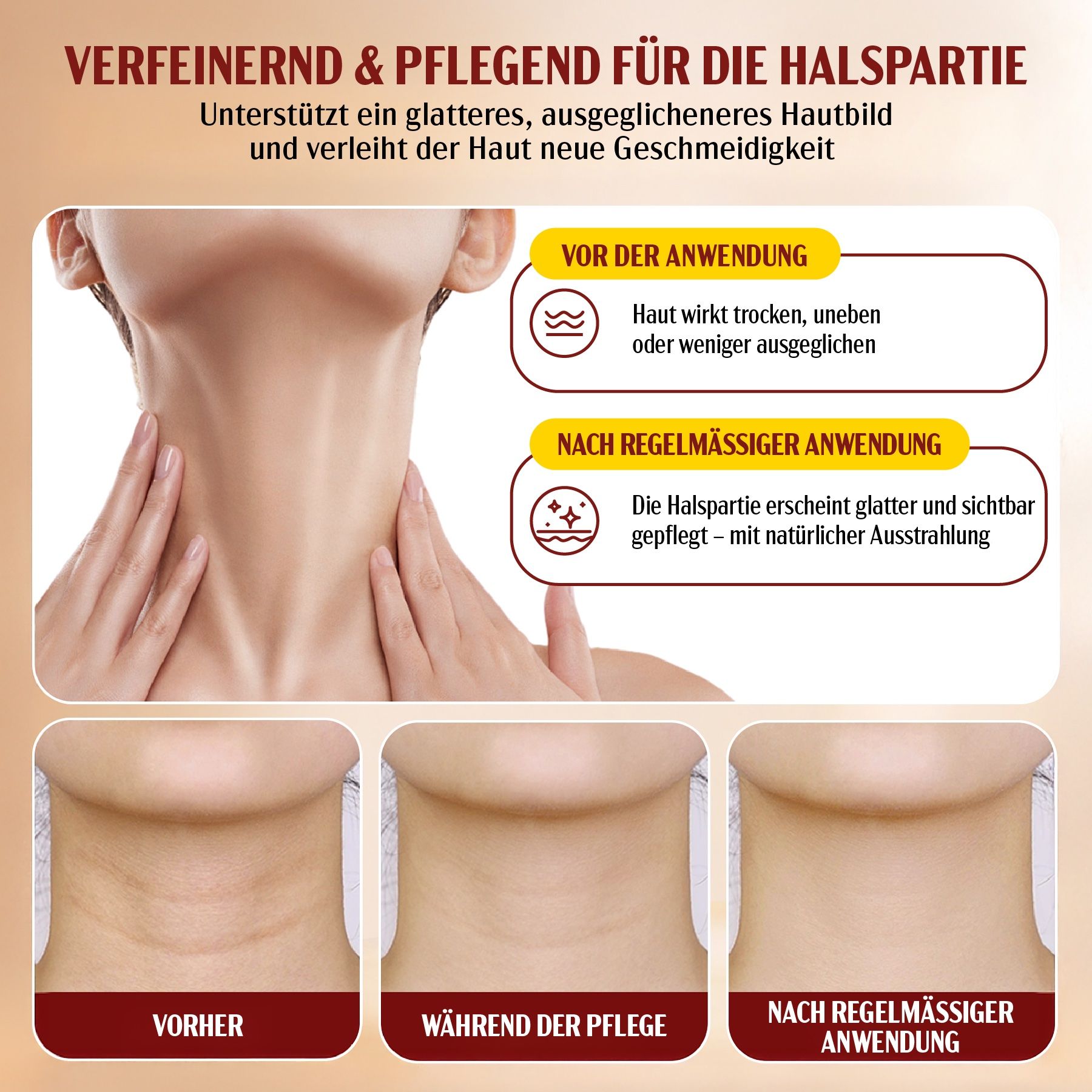 Confronto prima-dopo. Testo: Raffinante e curativo per il collo. La pelle appare più liscia.