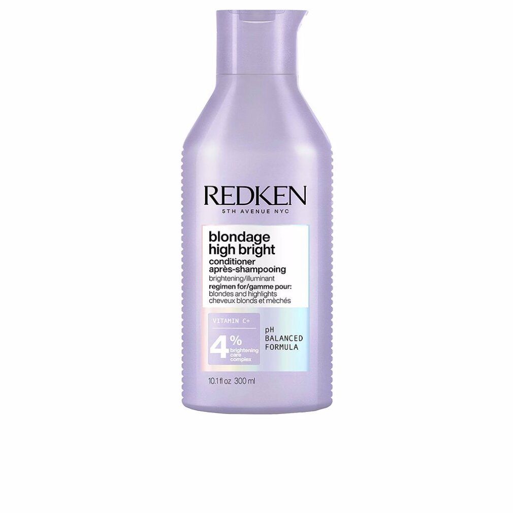 Flacone Redken Blondage High Bright Conditioner. Flacone lilla chiaro con etichetta bianca. Testo: Blondage High Bright, Vitamina C, 4%, formula pH bilanciata.